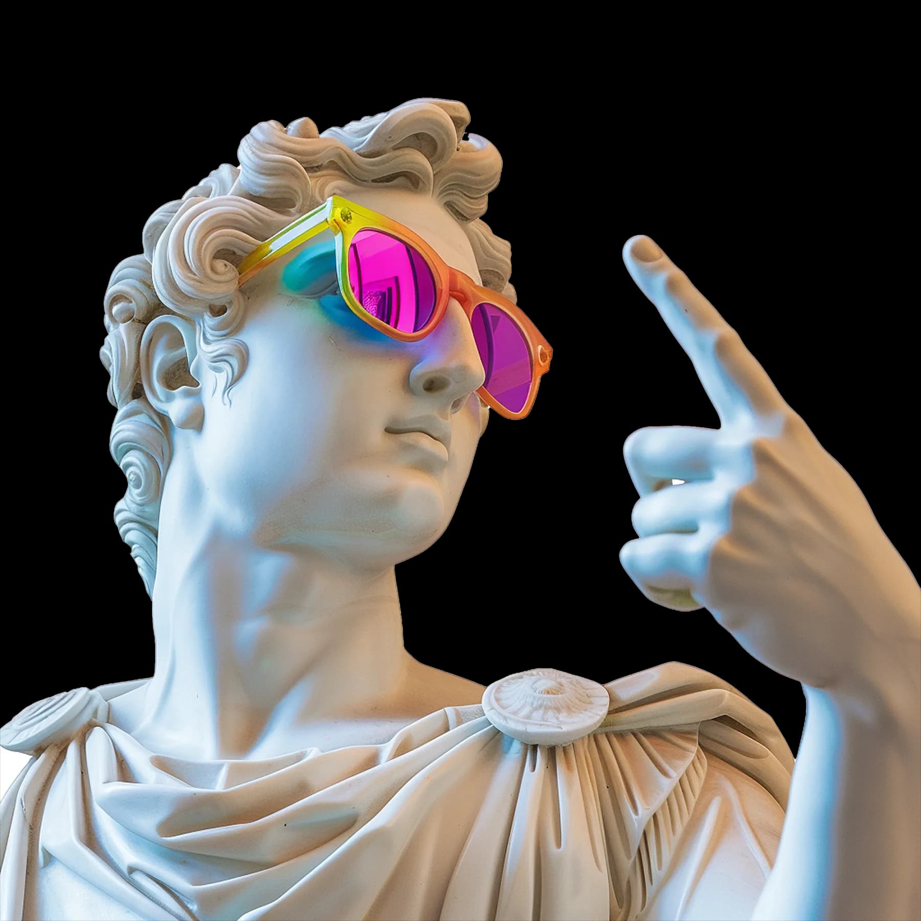 Marble statue wearing colourful sunglasses