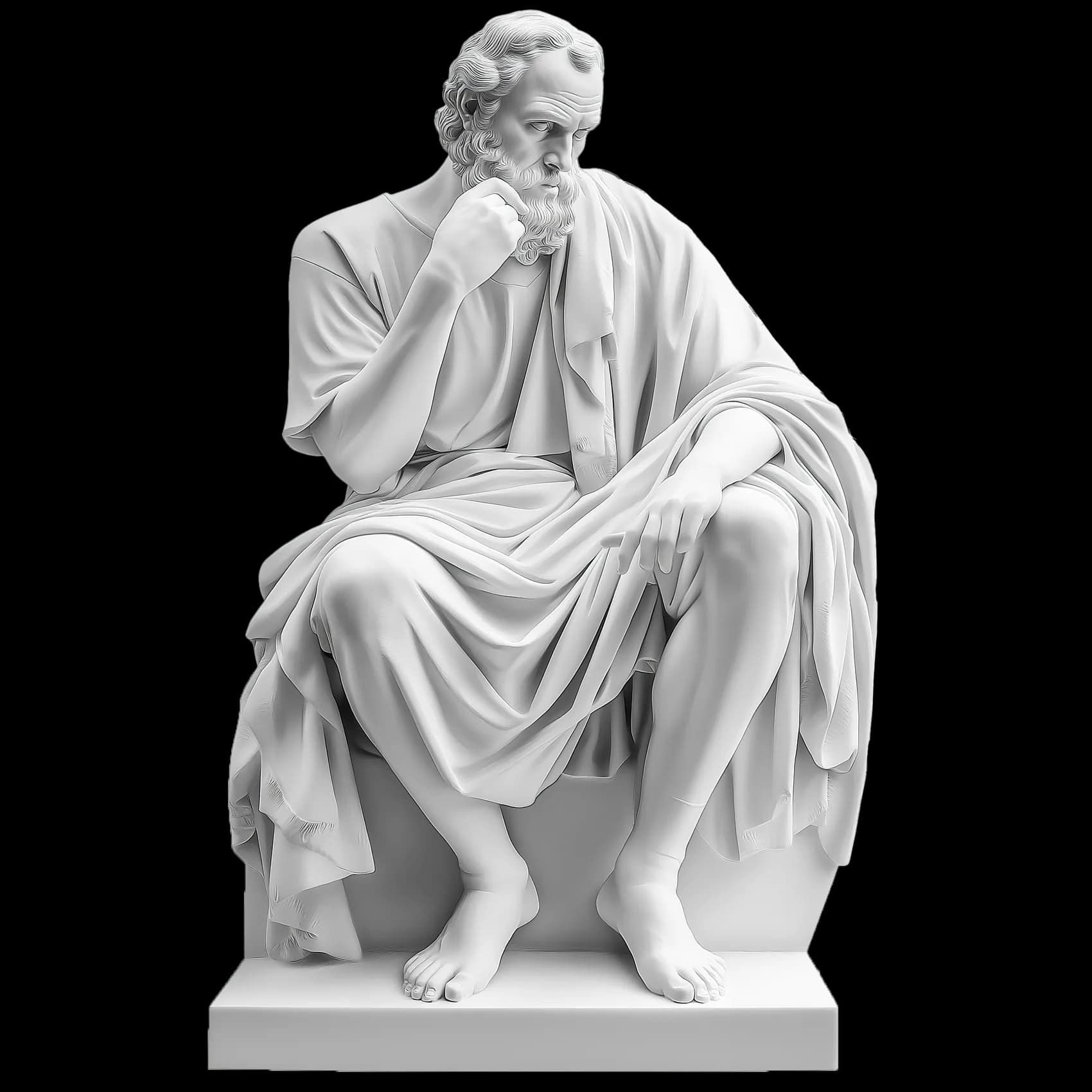 Classical marble philosopher statue, deep in thought