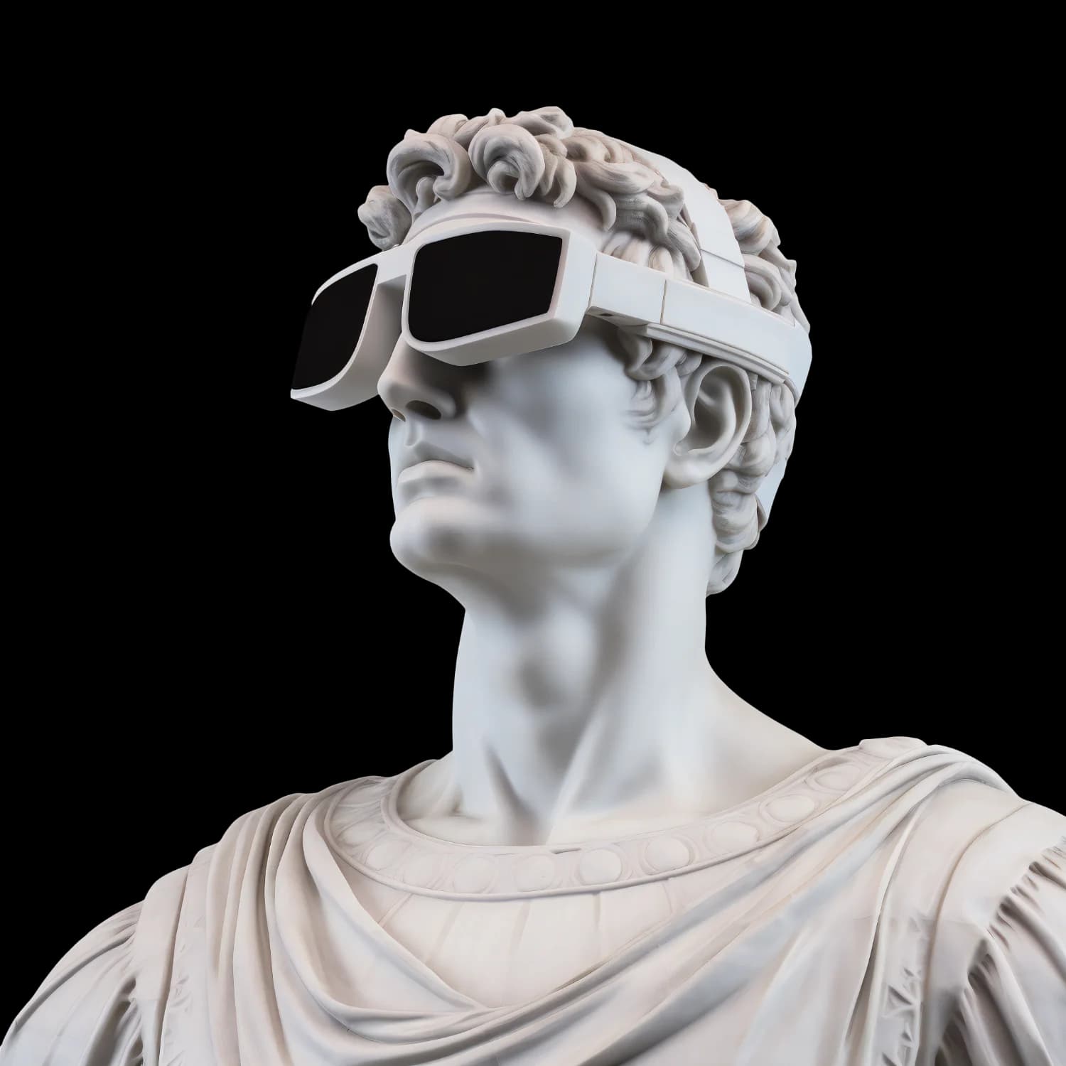 Marble statue wearing a modern VR visor